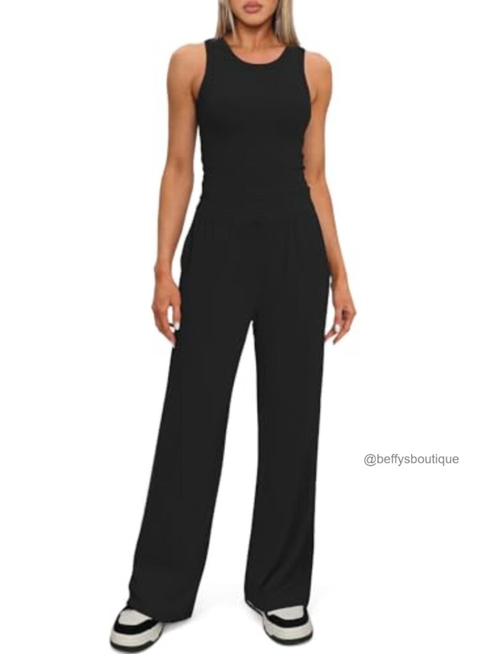 Sleeveless Racerback Tank Top & Wide Leg Pants Lounge Set - Picture 2 of 6